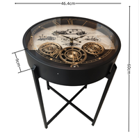 Table d'appoint ronde vintage avec horloge à engrenages, plateau en verre imprimé, cadre en métal noir, style industriel, pour canapé, décoration intérieure, mobilier