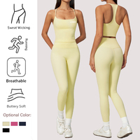 Ensemble de yoga 2 pièces pour femme, effet seconde peau, épaules dénudées, bretelles spaghetti, débardeur rembourré amovible intégré, taille haute, séchage rapide