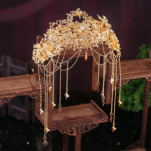 סיכת ראש לחתונה של כלה בסיטונאות באיכות גבוהה עם ציצית סינית עתיקה סִגְנוֹן אביזר מצופה זהב כתר אדום - Product Image 4