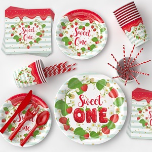 Plato de papel para fiesta de cumpleaños con temática de <span class=keywords><strong>fresa</strong></span>, vaso de papel, pastel de frutas de verano para niños, decoración, juego de cubiertos de revelación de género - Product Image 3