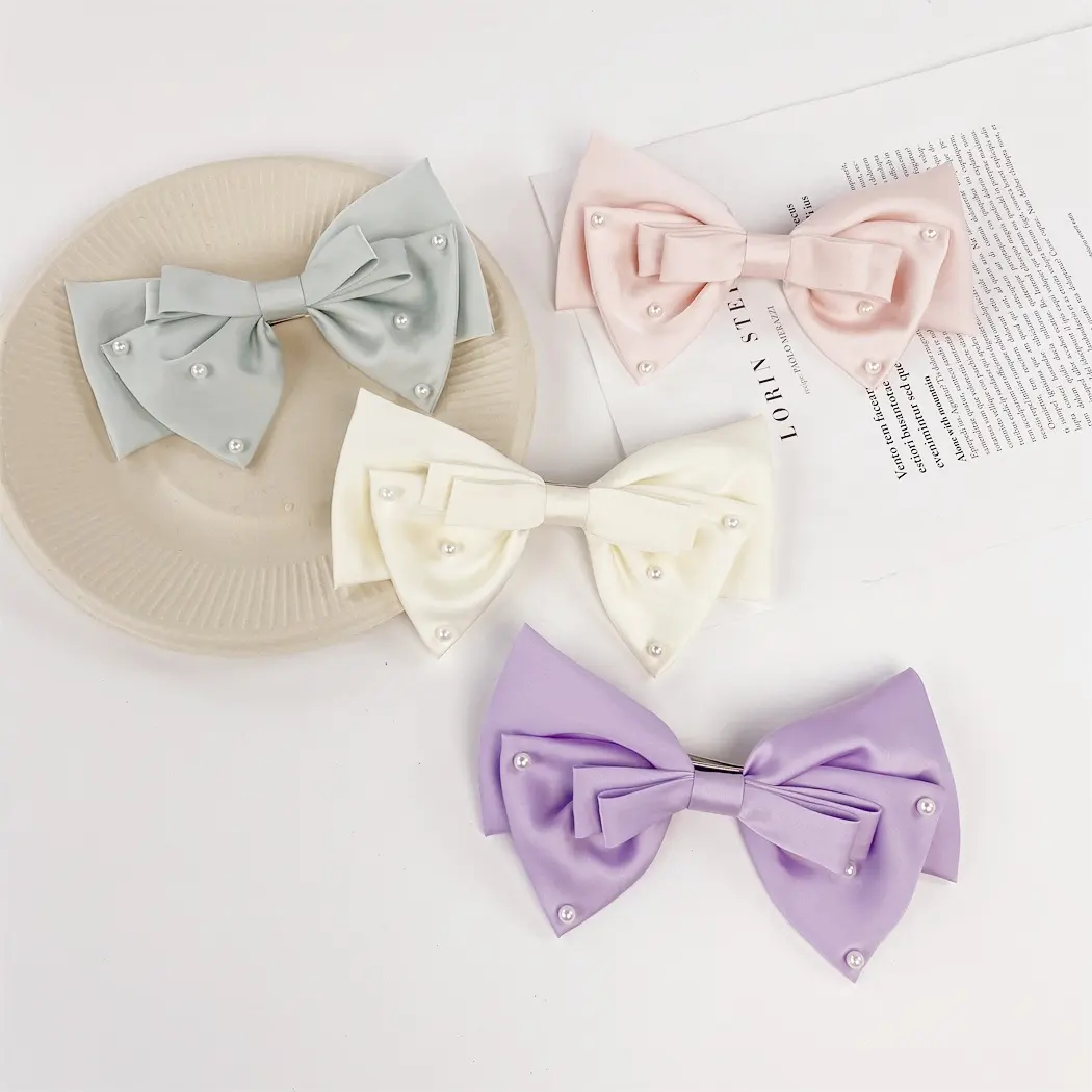Lady Hair Accessories Simple Flower Hair Bow Clip With Long Tail Sweet Elegant Pearl Satin Ribbon Bow Barrettes For Women