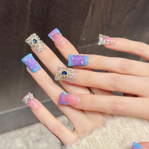 <span class=keywords><strong>Faux</strong></span> <span class=keywords><strong>ongles</strong></span> à presser en forme de bec de canard, 10 pièces, réutilisables, avec strass de luxe, courts, bleu et rose, artificiels - Product Image 2