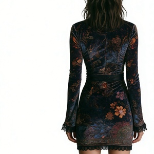 ชุดเดรสสั้นกำมะหยี่ลายดอกไม้วินเทจสำหรับผู้หญิง - แต่งลูกไม้ คอวี แขนยาว ทรงเข้ารูป สำหรับงานปาร์ตี้ เสื้อผ้าผู้หญิง ชุดเดรสผู้หญิง แฟชั่น - Product Image 6