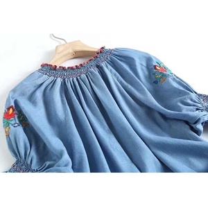 เสื้อยืดผ้ายีน<span class=keywords><strong>ส์</strong></span>คอกลมสไตล์วินเทจปักลายแขนพองสำหรับผู้หญิงเสื้อยืดยีน<span class=keywords><strong>ส์</strong></span>สำหรับฤดูร้อน - Product Image 5