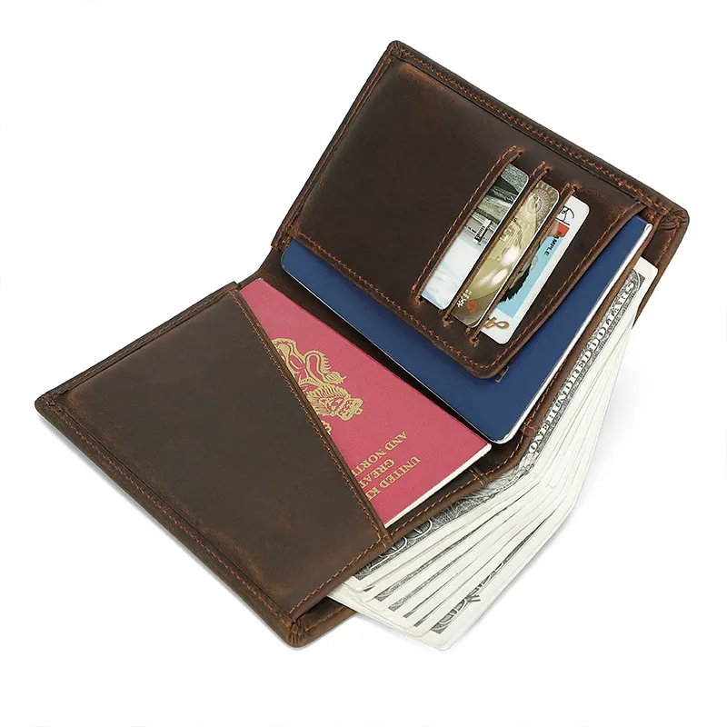 Custom Logo Vintage Travel Credit Card Bifold Wallet RFID Blocking Crazy Horse Leather Passport Holder For Man