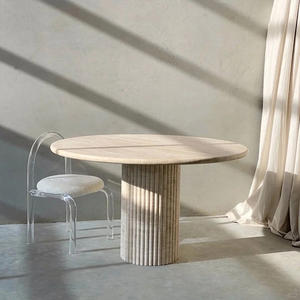 Mesa de Comedor Redonda de Travertino Romano Pulido HONGSHI OEM/ODM, Apta para Interiores y Exteriores, para 6-8 Personas - Product Image 2