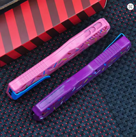 Couteau de poche à double action 9000, manche en alliage de zinc rose avec motif de beignets colorés, lame recouverte de Cerakote bleu, outil de coupe EDC