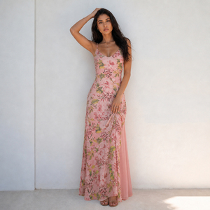 Vestido Maxi Estilo Sirena con Estampado Floral Romántico y Elegante, Estilo Pintura al Óleo Vintage, con Abertura y Cintura Definida, Ideal para Vacaciones - Product Image 4