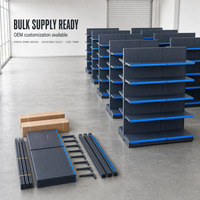 Étagère murale de supermarché en métal bleu, double face, pour l'affichage des marchandises