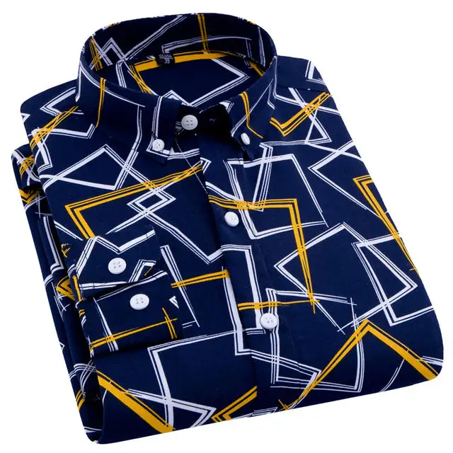नई डिजाइन ओएम सेवा शरद ऋतु नौसेना नीला पीला और सफेद मुद्रित शर्ट आकस्मिक एंटीरा आरामदायक लंबी आस्तीन शर्ट