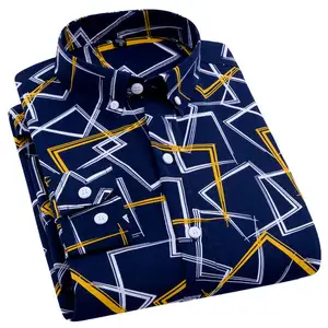 新款设计来样定做服务秋季海军蓝黄白印花衬衫休闲抗皱舒适长袖修身衬衫