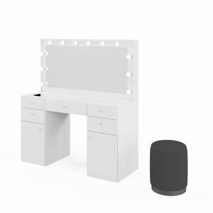 Ensemble de coiffeuse de luxe avec lumières LED blanches, plateau en verre, table de maquillage en bois moderne avec miroir et chaise - Product Image 6