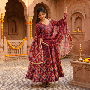 Conjunto de Vestido Maslin Estampado para Mujer con Encaje Dorado, Largo hasta el Tobillo, Sin Arrugas, de Secado Rápido, Reversible, Listo para Usar en Fiestas y Bodas - Product Image 1