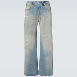 Pantalones Vaqueros de Mezclilla Lavados Estilo Mono para Hombre, Pantalones Casuales Desgastados Pintados a Mano, Corte Holgado de Tiro Medio - Product Image 1