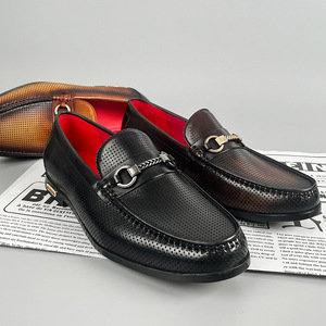 Men's Summer Leather Loafers Round Toe Breathable Slip-On With Buckle <b>Decoration</b> Solid Color Casual Business <b>Shoes</b> - Product Image 1