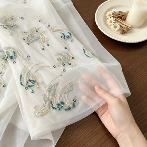 Tissu <span class=keywords><strong>en</strong></span> organza 3D brodé de nuages porte-bonheur, avec sequins et perles, <span class=keywords><strong>en</strong></span> maille de polyester, pour Hanfu, mariage chinois, Lolita, garçons et enfants - Product Image 6