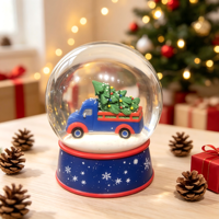 Globe de neige de Noël en résine en gros, camion bleu vintage avec sapin de Noël, décoration de table de fête, cadeau