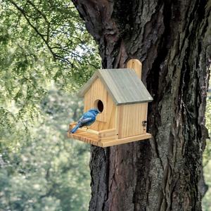BSCI fabrika özel ahşap kuş evi yuva kutusu kuş kafesi Birdhouse FSC ahşap papağan kafesleri mavi kuş besleyici dışında - Product Image 5