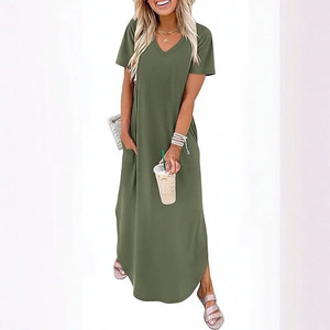 Robe longue décontractée de plage à col en V et manches courtes, coupe ample à ourlet irrégulier pour femme S M L XL XXL XXXL - Product Image 4
