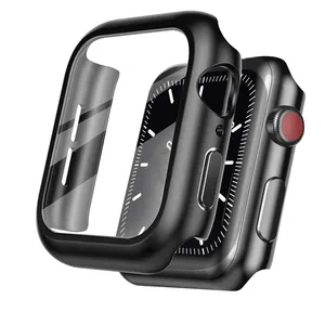 حافظة ساعة عالية الجودة متوافقة مع سلسلة ساعات Apple iWatch Series 7 6 SE 5 4 3 2 1 45 مم 41 مم غشاء زجاجي مخفف + غطاء واقٍ للساعة