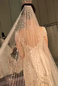 S62A 2022 nouvelle église Style perle douce <span class=keywords><strong>mariée</strong></span> perle <span class=keywords><strong>strass</strong></span> fil <span class=keywords><strong>mariée</strong></span> mariage longue traîne <span class=keywords><strong>voile</strong></span> mariage voiles longs - Product Image 2