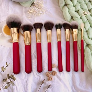 8pcs Chinese Red Wooden Handle Makeup <b>Brush</b> Set Soft Synthetic Hair Face Fan <b>Brush</b> Eyebrow Pencil Professional Cosmetic Kit - Product Image 1
