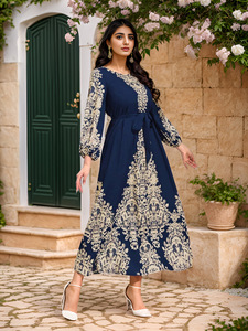 Vestido Musulmán Islámico con Estampado Floral para Eid Al Fitr, Ropa Árabe del Sudeste Asiático, Cuello Redondo, Cintura Media, Venta al Por Mayor de Fábrica - Product Image 5