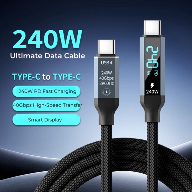 PD 240W USB4 Aluminum Alloy Braided Data Cable with Digital Display Type-C to Type-C Phones Fast Charging Data Transmission