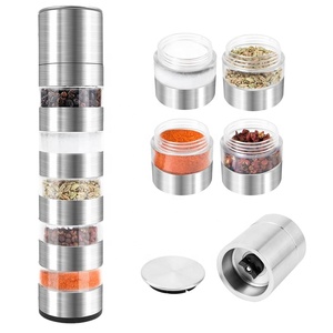 <span class=keywords><strong>New</strong></span> Xách Tay Gia Vị <span class=keywords><strong>Mill</strong></span> Với 5 Lọ Stackable Thép Không Gỉ Tháp Refillable Có Thể Điều Chỉnh Muối Và Hạt Tiêu Máy Xay Mini Của Nhãn Hiệu - Product Image 1