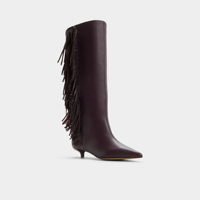 Bottines en cuir bordeaux pour femmes, à hauteur du genou, avec décorations en pompons, bout pointu, talon bas, chaussures habillées
