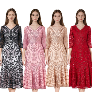 Kadınlar için L-5XL artı boyutu işlemeli dantel Midi elbise 3/4 kollu kokteyl elbisesi, Vintage V boyun resmi akşam parti kıyafeti L-5XL - Product Image 1