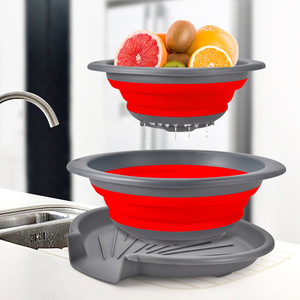 Foldable Draining Basket Set With Tray Red 3 Piece Collapsible Kitchen Sink Vegetable Fruit Rack L Size - Product Image 1