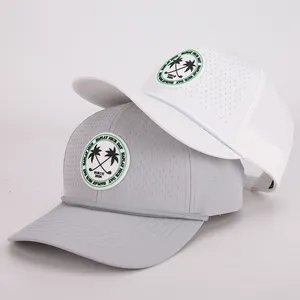 Custom 5 Panel Rubber Patch Baseball Cap Waterproof Laser Cut Hole Perforated Hat Sport Dad Hat