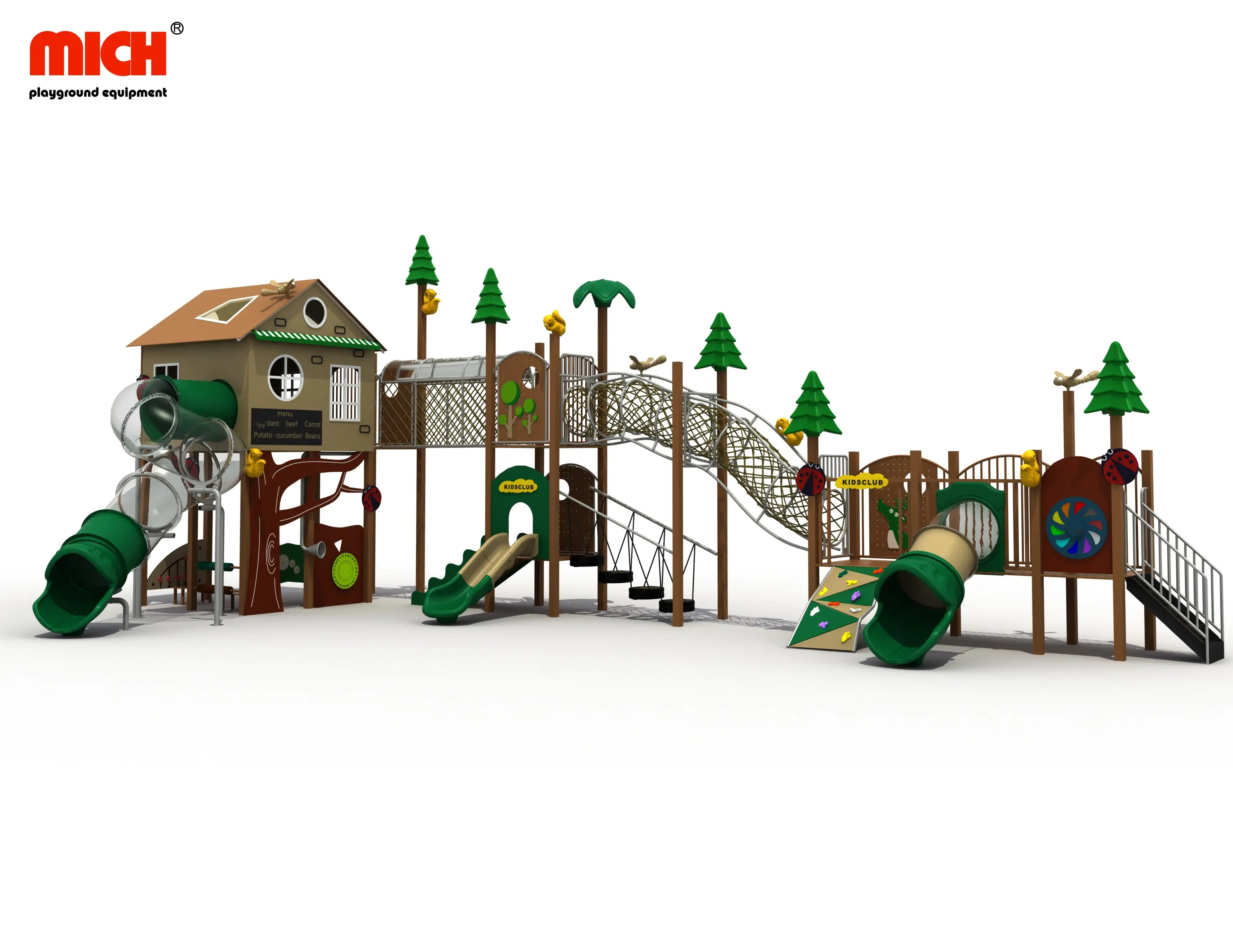 Mich Nieuwe Ontwerp Wpc Serie Tree House Thema Kinderen Outdoor Obstakel Speeltuin Met Transparante Slides Klimmen Tunnel