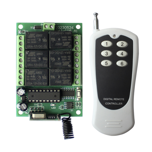 6CH RF Wireless Remote Control Switch System 6 CH DC 12V 24V 10A Relay Radio Receiver + 433 mhz Remote Control Transmitter