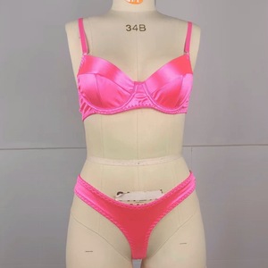 프렌치 새틴 브라 란제리 세트 여성 섹시 란제리 새틴 원단 단색 브라 세트 푸쉬업 속옷 심플 여성 투피스 세트 - Product Image 2