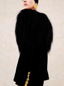 <span class=keywords><strong>Blazer</strong></span> noir pour femme A11226, épaules dénudées, avec garniture en plumes, grands boutons décoratifs, veste de soirée formelle - Product Image 2