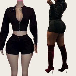 Conjunto de 2 Piezas para Mujer Vivilook Z1202ST16, Estilo Casual, Top Corto con Cremallera de Manga Larga y Pantalones Cortos, Tallas Grandes - Product Image 1