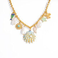 SUMMLY Collier multi-breloques plaqué or 18 carats, thème océan, coquillage, tortue, étoile de mer, poisson, perle, bijoux bohèmes pour femme, cadeau de plage