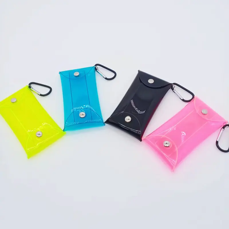 Porta-moedas em PVC colorido para uso em mulheres, bolsa para armazenamento de cabos de fones de ouvido, carteira transparente para troca de chave e gancho, ideal para o verão