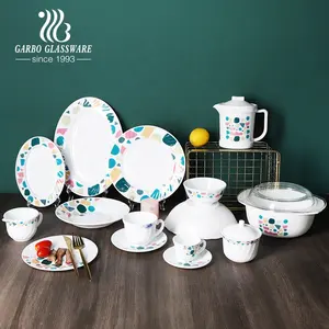 Exclusive new design poly foam pack 58pcs Round shape white opal glass dinner set centrifuged plates bowls teapot mug saucer