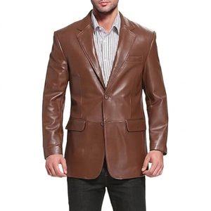 Men's Brown PU Leather Blazer Slim Fit Single Button <b>Smart</b> Casual <b>Jacket</b> Autumn Wear - Product Image 1