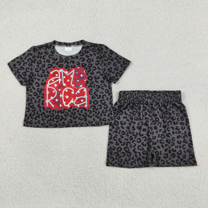 Little Girls Fashion Two Piece Outfit America Black Leopard Print Short Sleeve Shorts Casual Toddler Girl 4th of July <b>Clothes</b> - Product Image 2