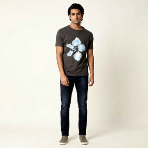 Camiseta de Algodón para Hombre, Corte Ajustado, con Estampado Floral, Cuello Redondo, Manga Corta, Estilo Casual - Product Image 1