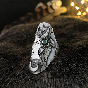 Bague Cocktail F672 en Argent, Motif Végétal, Pierre Malachite, Sertissage Clos, Bijou Unisexe Tendance, Idée Cadeau - Product Image 1
