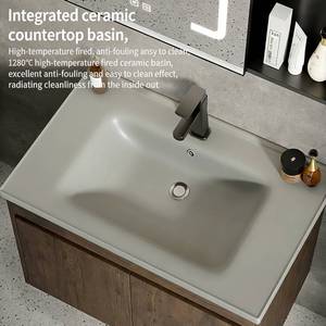 Minimalist wall mounted ceramic integrated basin with <b>basket</b> for <b>large</b> <b>storage</b> bathroom cabinet - Product Image 4