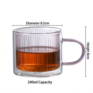 <span class=keywords><strong>Taza</strong></span> de Café de Vidrio Borosilicato de Doble Pared de 240 ml con Asa - Resistente al Calor, Diseño de Rayas Verticales de Colores para el Hogar y la Oficina - Product Image 6