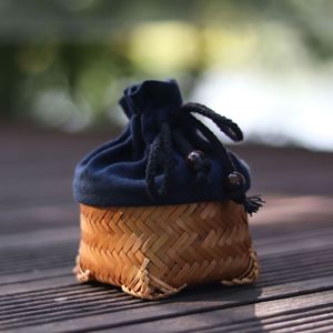 Handmade Bamboo Woven <b>Teacup</b> Holder Round Cotton Cloth Bag Storage Basket For Tea Set Jewelry Antique Coin Living Room Use - Product Image 1