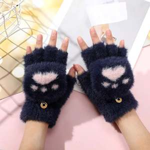 Wholesale New Plush Cute Cat Claw Bear Paw <b>Warm</b> Half Finger Flap Knitted Plus Velvet Padded Winter Daily Use Korean <b>Gloves</b> - Product Image 2