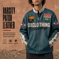 Jaket Bomber Kulit Teal Cream Kustom 400gsm Multi-Patch Varsity Build Panel Kulit Kontras Jaket Biker Streetwear OEM ODM
